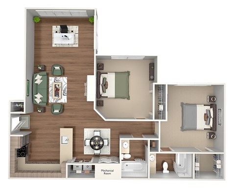 Floor plan for 2 beds, 2 baths, 1069 sqft